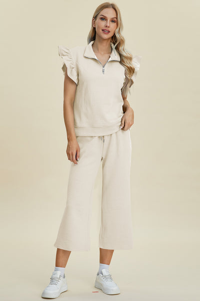 Double Take Full Size Texture Ruffle Short Sleeve Top and Wide Leg Pants Set