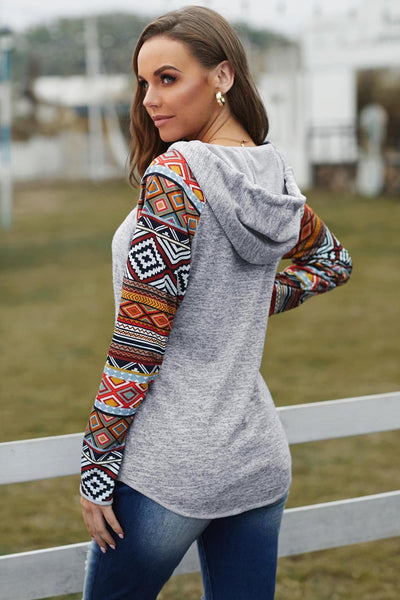 Tribal Print Long Sleeve Button Neckline Drawstring Hoodie