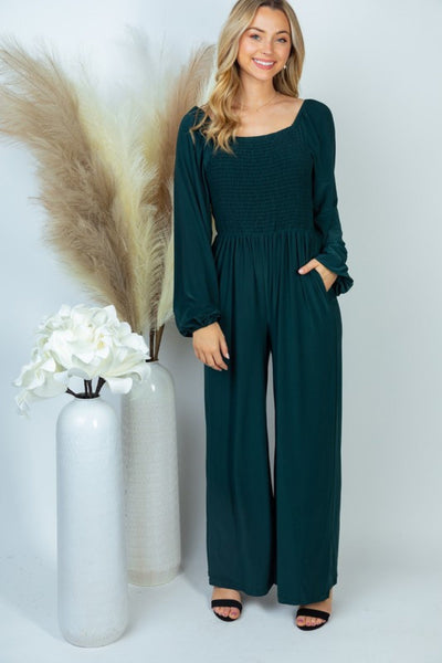 White Birch Smocked Long Sleeve Gathered Wide-Leg Solid Knit Jumpsuit