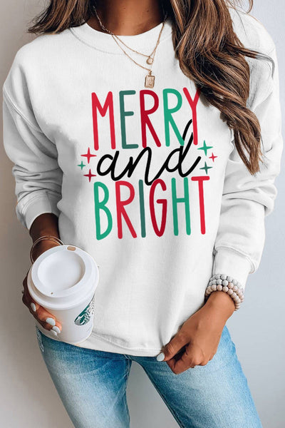 White MERRY And BRIGHT Long Sleeve Graphic Sweatshirt