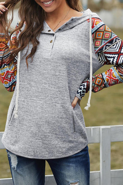 Tribal Print Long Sleeve Button Neckline Drawstring Hoodie