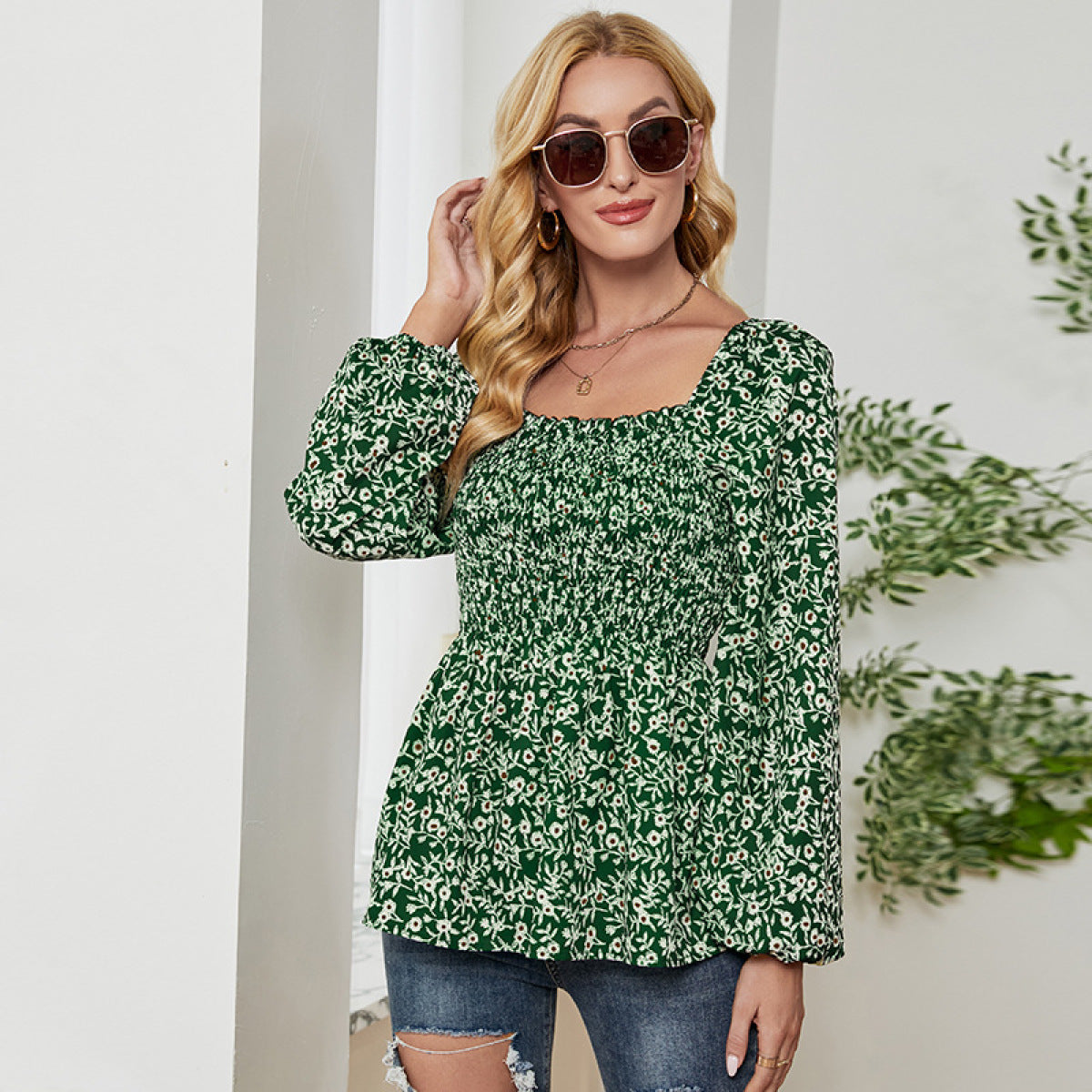 Square Neck Lantern Sleeve Waist Elastic Ditsy Floral Blouse