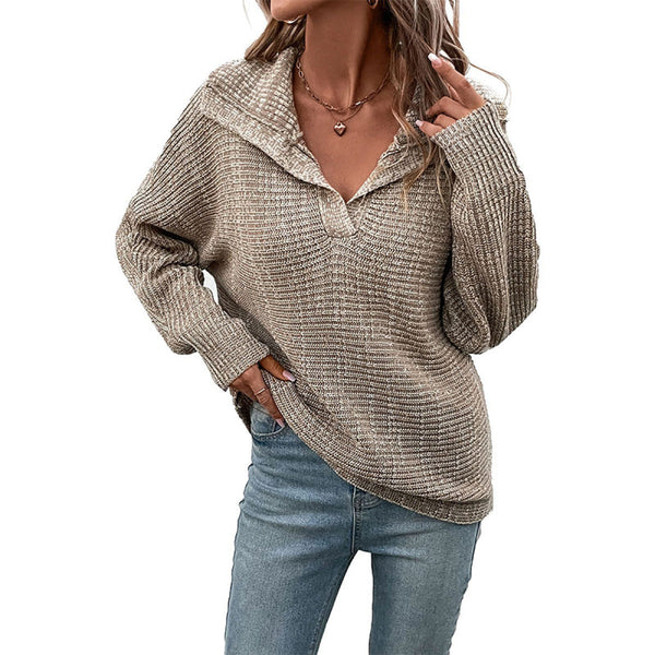 Khaki Collared Neck Long Sleeve Sweater
