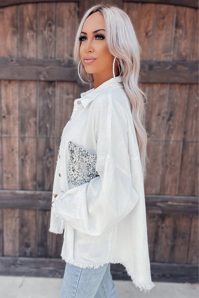 White Sequin Pockets BF Distressed Shirt