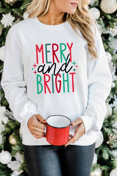 White MERRY And BRIGHT Long Sleeve Graphic Sweatshirt