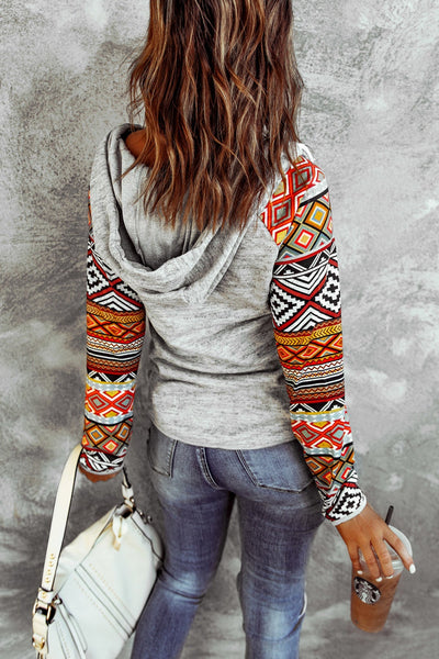 Tribal Print Long Sleeve Button Neckline Drawstring Hoodie