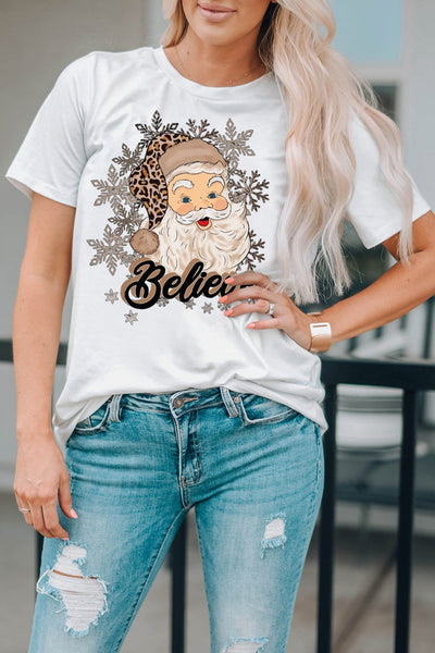 White Believe Santa Claus Snowflake Print Crew Neck T Shirt