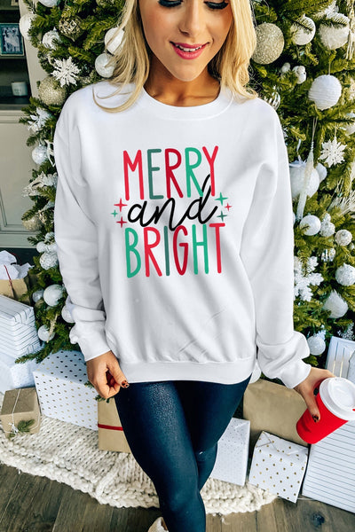 White MERRY And BRIGHT Long Sleeve Graphic Sweatshirt