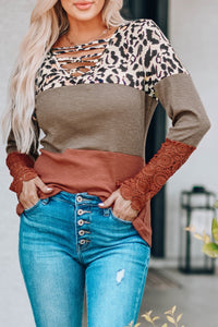 Lace Splicing Hollow-Out Leopard Color Block Top